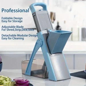 GENAI 1 Set Multifunktionaler Gemüseschneider, Manueller Obstschneider mit verstellbarer Klinge aus Edelstahl, Faltbares Design, Großes Fassungsvermögen 1-10L, ABS-Material, mit Behälter, Zwiebelwolf zum Raspeln, Schneiden, Strippen, Würfeln